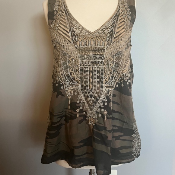 Johnny Was Terraza Camo-Print‎ Embroidered Sleeveless Cotton Shirt Tank Top - Picture 4 of 14